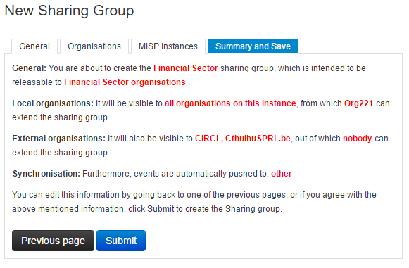 The summary tab of the sharing group tool